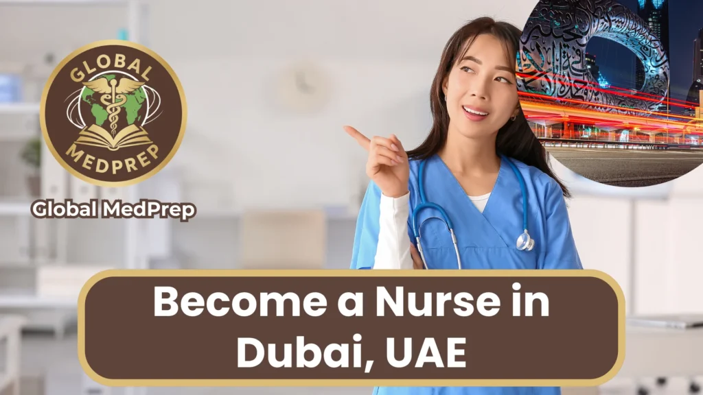 Smiling female nurse in blue scrubs with a stethoscope, featuring a Dubai skyline inset and text for becoming a nurse in Dubai.