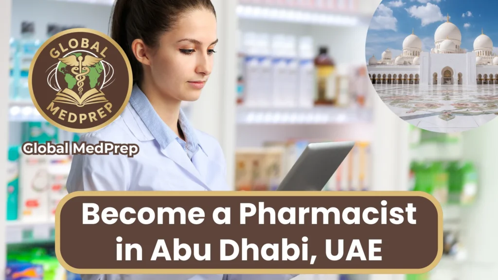 Female pharmacist in a white lab coat and hijab in a pharmacy, with an inset of the Abu Dhabi skyline and DOH licensing text.