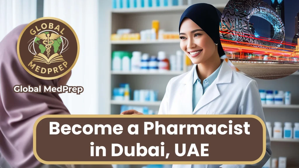 Female pharmacist in a hijab and white lab coat working in a Dubai pharmacy with the Museum of the Future in the background.