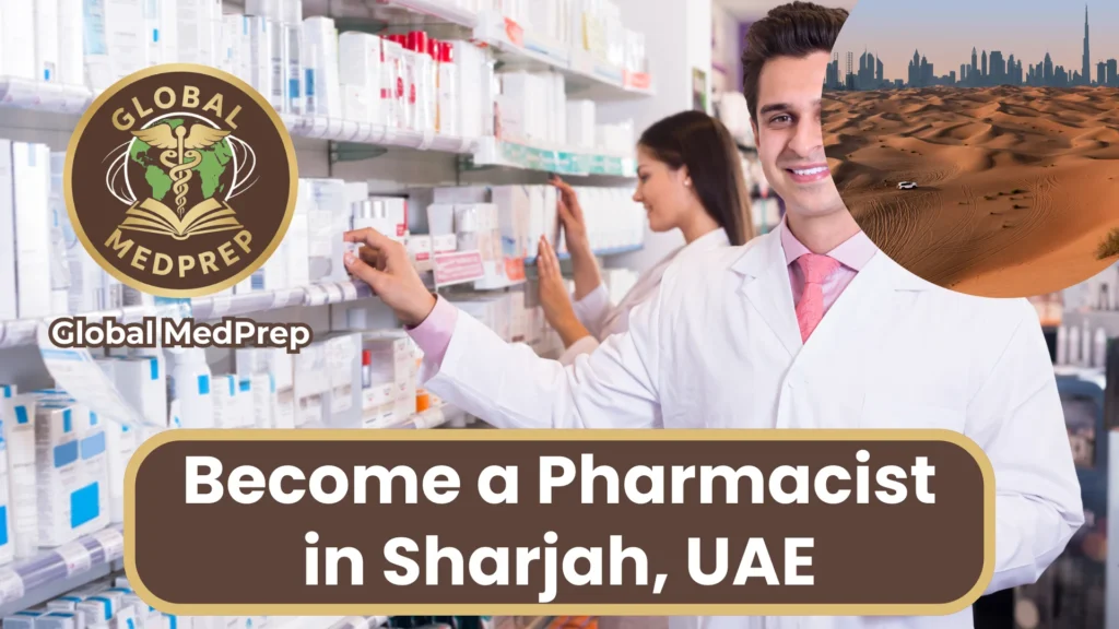 Female pharmacist in a white lab coat and hijab working in a pharmacy, with a circular inset of the Sharjah skyline and licensing text.