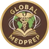 Global MedPrep logo featuring a gold medical caduceus, an open book, and a globe on a brown background.