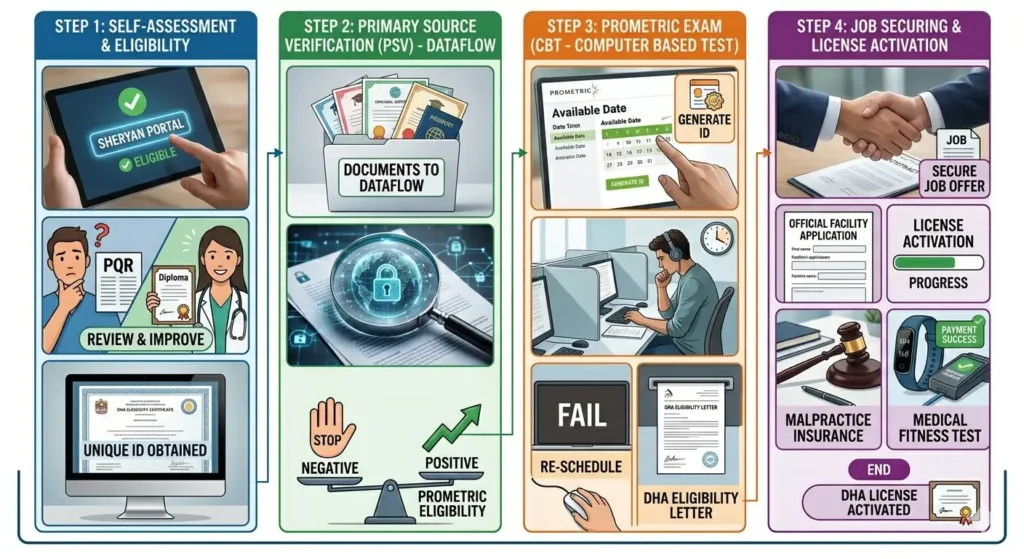 A 4-step infographic flowchart explaining how to become a pharmacist in Dubai, UAE, covering eligibility, Dataflow verification, Prometric exams, and license activation.