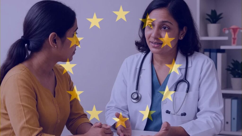 Your Pathway to Healthcare Licensing in Europe (Schengen Countries) A female doctor in a white coat speaking with a patient, overlaid with a circle of yellow stars representing the European Union.