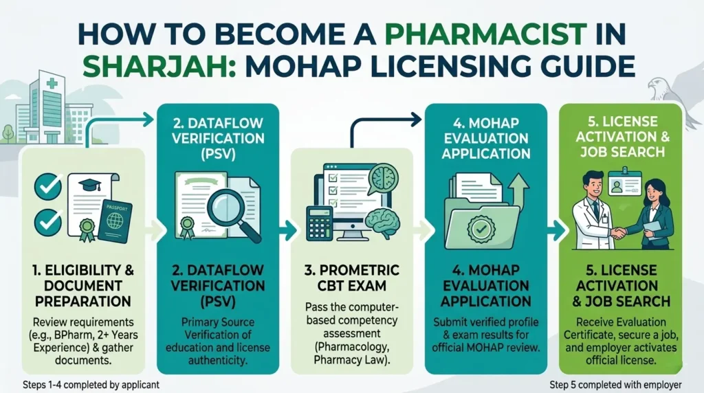 A 5-step infographic guide on how to become a pharmacist in Sharjah, UAE, detailing the MOHAP licensing process from eligibility to license activation.