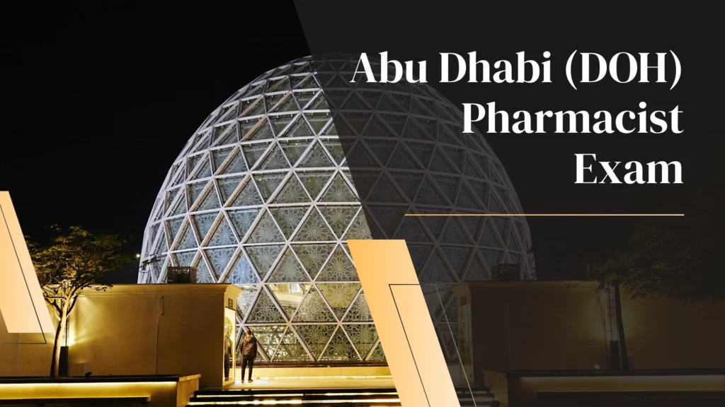 Aerial view of the Etihad Towers and Abu Dhabi skyline at sunset with a dark green overlay reading "Abu Dhabi (DOH) Pharmacist Exam."