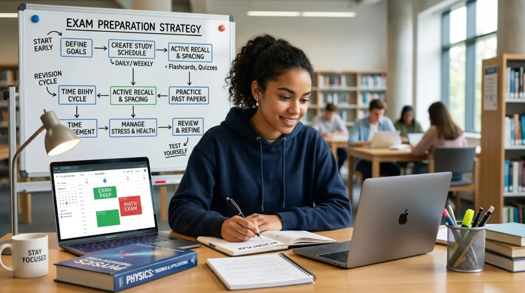 A young female student studying with a laptop and notebook in front of a whiteboard detailing an "Exam Preparation Strategy" flowchart.
