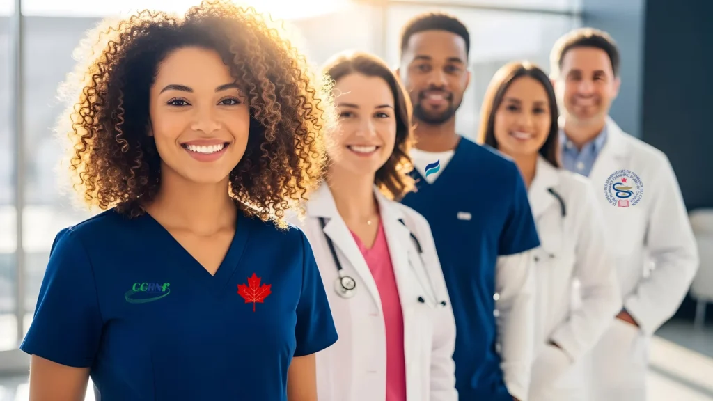A diverse team of healthcare professionals in scrubs and lab coats, led by a smiling woman in navy scrubs featuring a red maple leaf and the NNAS logo.