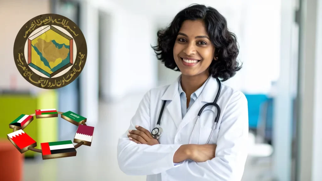 A smiling female doctor with a stethoscope stands with arms crossed, featuring the GCC logo and a circle of Gulf state flags to her left.