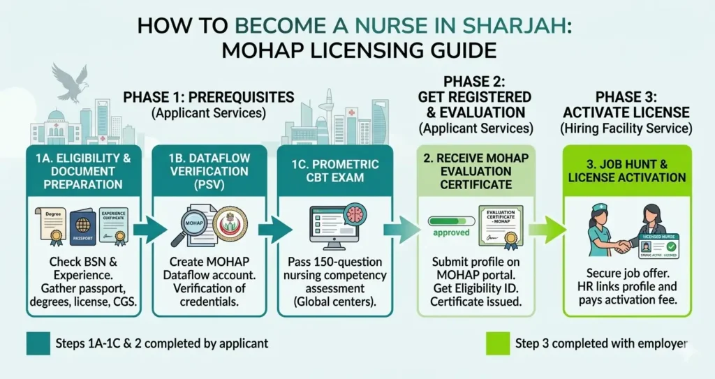 Infographic flowchart of the MOHAP licensing guide for nurses in Sharjah, covering prerequisites, evaluation, and license activation phases.