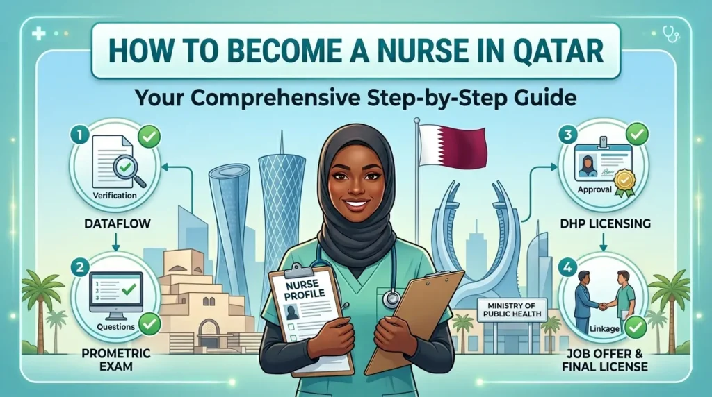 Infographic flowchart detailing the 4-step Qatar nursing license process: DataFlow PSV, Prometric Exam, DHP Licensing approval, and Job Offer linkage, featuring a female nurse and Doha skyline landmarks.