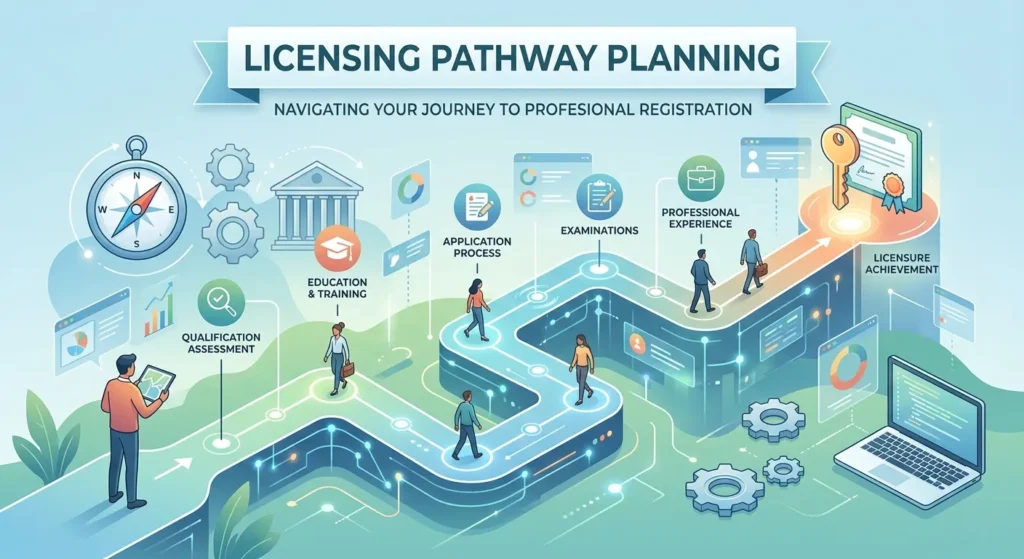 An infographic titled "Licensing Pathway Planning" showing a winding road with icons for qualification assessment, education, application, and examinations.