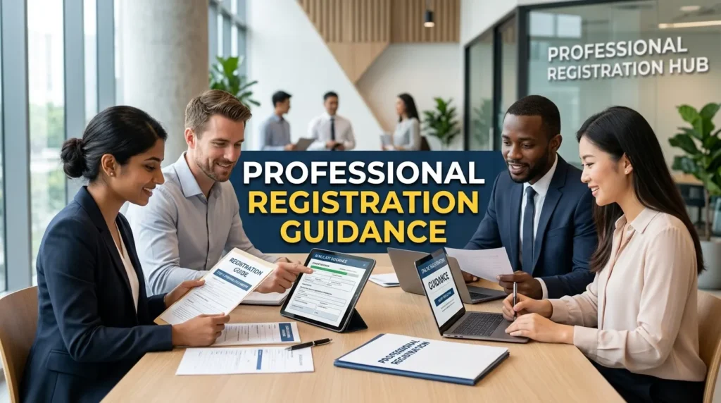 Four diverse professionals collaborating at a table in a bright office labeled "Professional Registration Hub" with a "Professional Registration Guidance" text overlay.