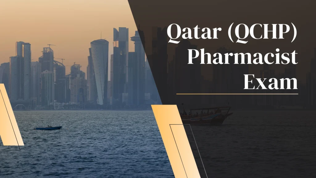 Panoramic view of the Doha skyline from the water at sunset with a dark green overlay reading "Qatar (QCHP) Pharmacist Exam."