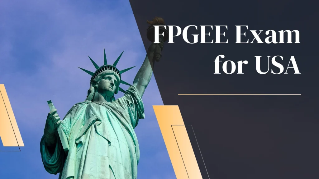 Classic photograph of the Statue of Liberty against a blue sky, split with a dark overlay featuring the white text "FPGEE Exam for USA." and stylized light yellow geometric accents.
